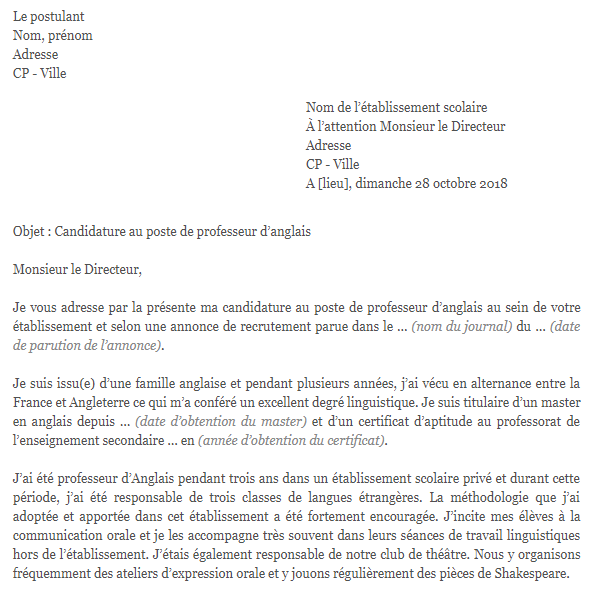 Briefvorlage Bewerbungsschreiben für Englischlehrer/in