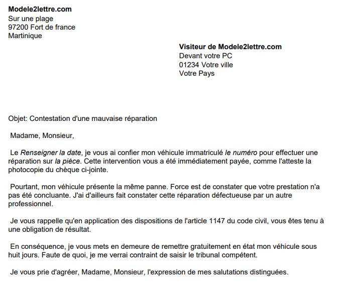 letter template Letter of complaint about a bad repair of your car