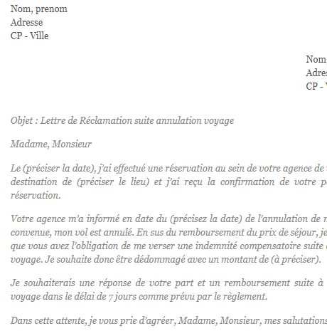 letter template Lettre de Réclamation suite annulation voyage