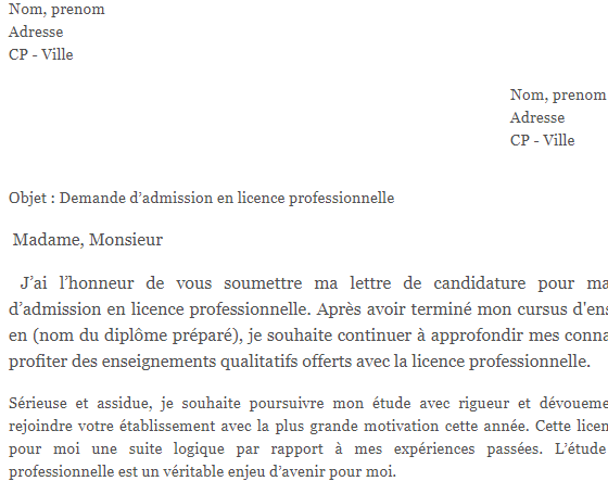 letter template Demande d’admission en licence professionnelle