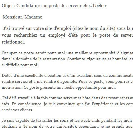 letter template Lettre de motivation serveur chez Leclerc