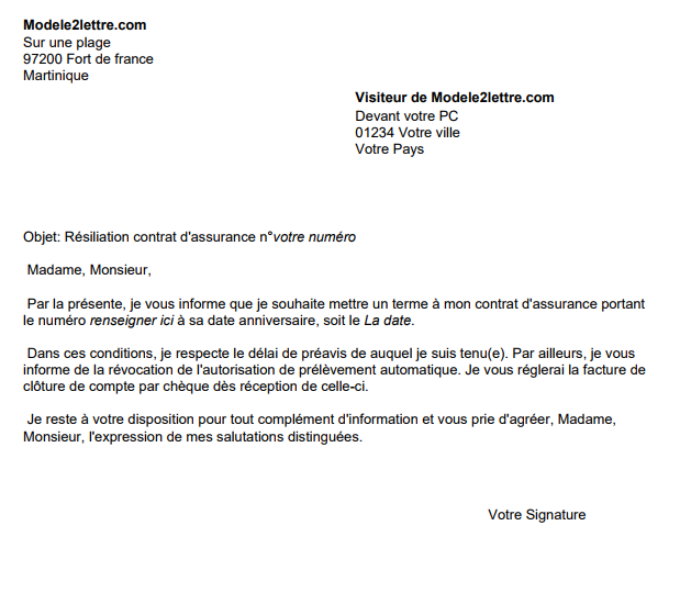 letter template Résiliation contrat d'assurance