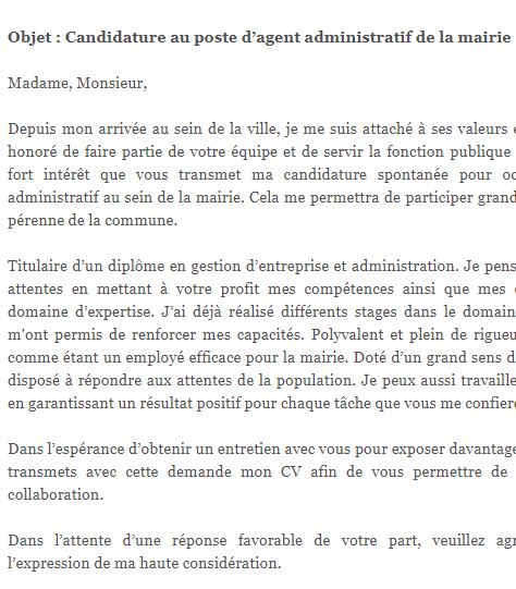 letter template Candidature au poste d’agent administratif de la mairie