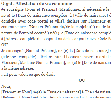 letter template Attestation sur l'honneur de vie commune