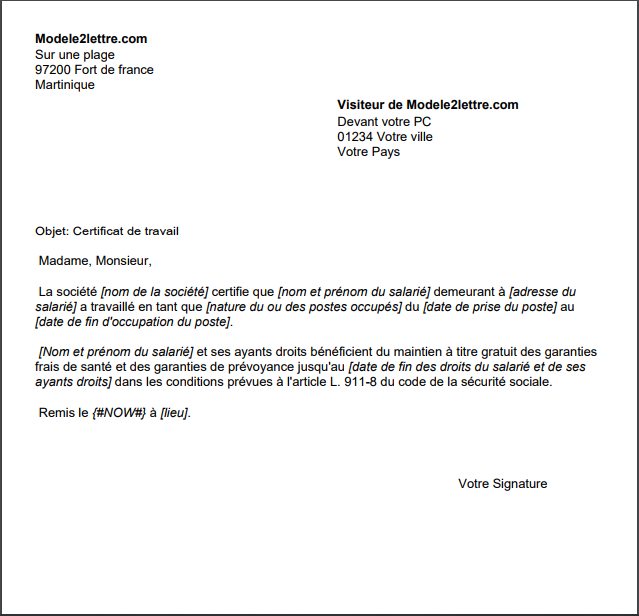 letter template Modèle de certificat de travail