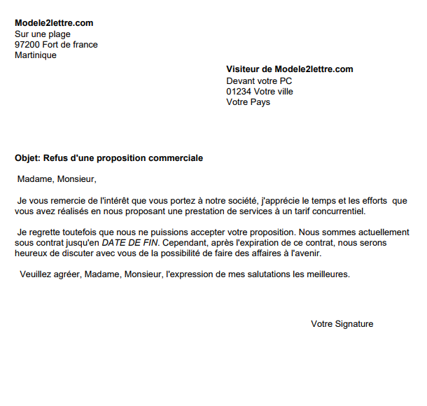 letter template Refusal of a commercial proposal from a service provider