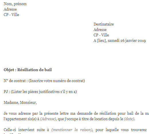 modello di lettera Résiliation du bail avec demande de réduction amiable du préavis
