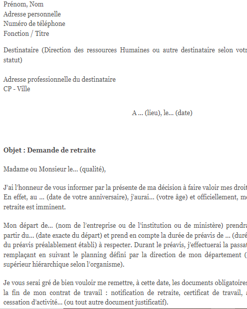 modello di lettera Lettre de demande de retraite de la fonction publique