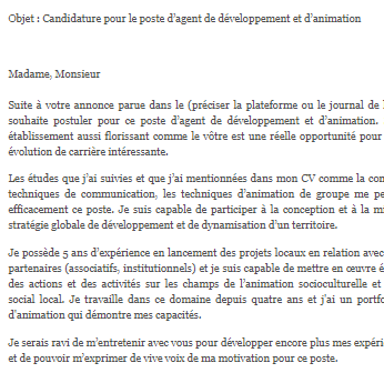 modelo de carta Carta de apresentação para o cargo de Oficial de Desenvolvimento e Animação