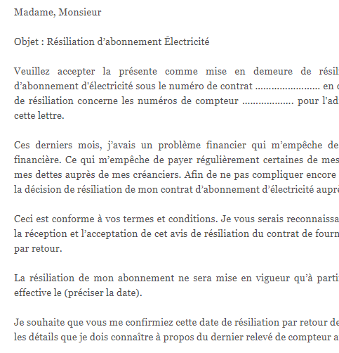 modelo de carta Carta de cancelamento da assinatura (EDF) electricidade da França