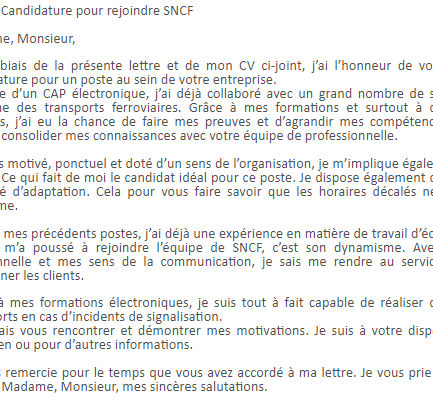 modelo de carta Lettre de motivation SNCF